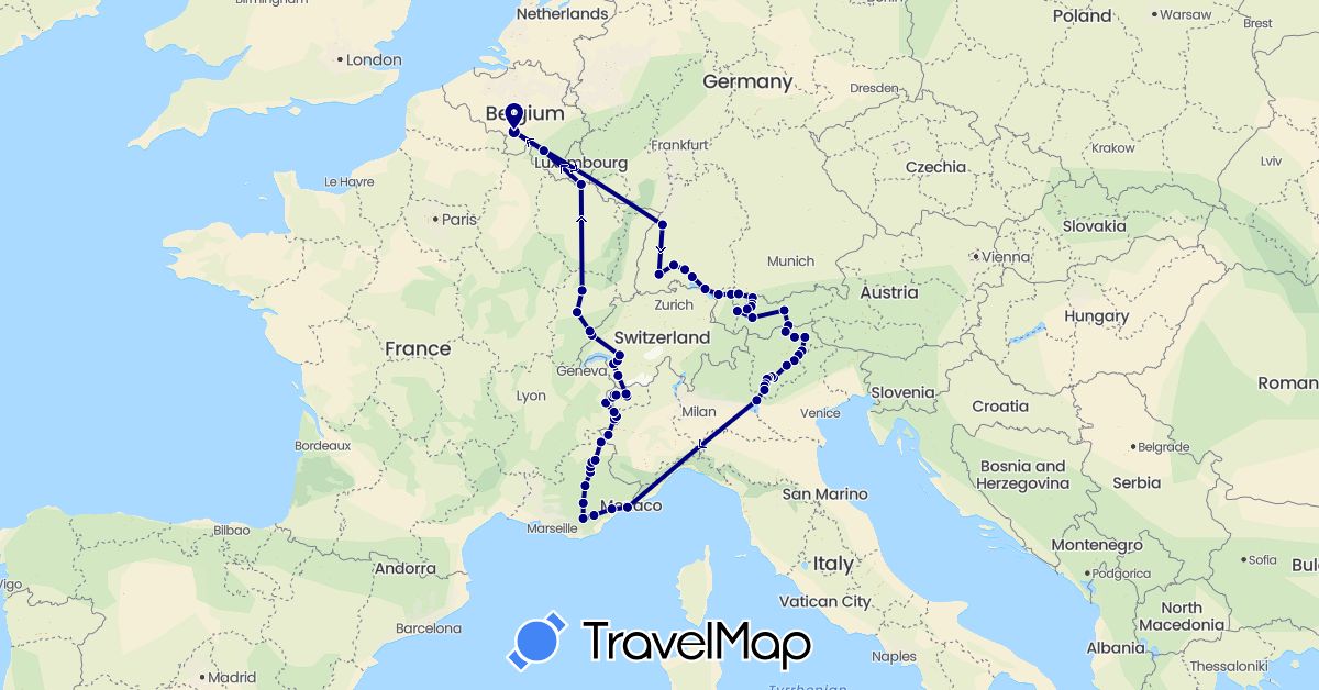 TravelMap itinerary: driving in Austria, Belgium, Switzerland, Germany, France, Italy (Europe)